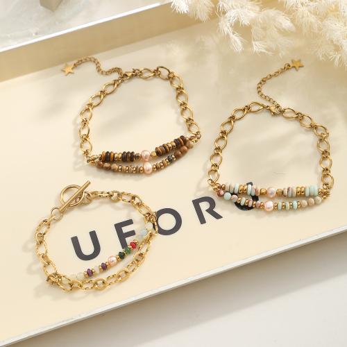 304 Stainless Steel Bracelet, with Gemstone & Plastic Pearl, with 5cm extender chain, gold color plated, different styles for choice & for woman, Length:Approx 18 cm, Sold By PC