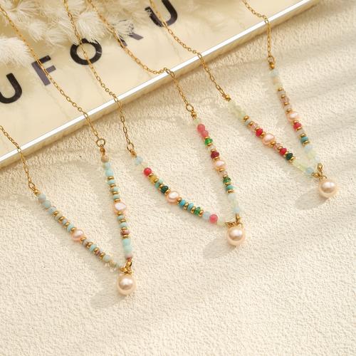 304 Stainless Steel Necklace, with Glass & Plastic Pearl, with 5cm extender chain, gold color plated, fashion jewelry & for woman, more colors for choice, Length:Approx 45 cm, Sold By PC
