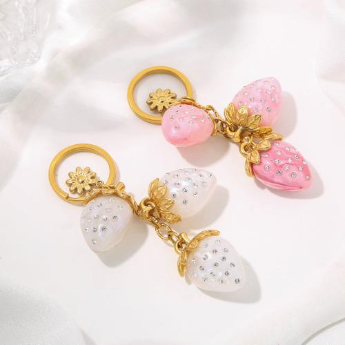Bag Purse Charms Keyrings Keychains, 304 Stainless Steel, with Resin, Strawberry, gold color plated, different styles for choice & with rhinestone, Sold By PC