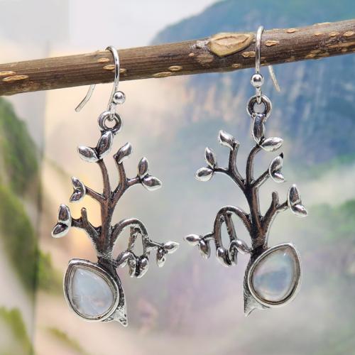 Tibetan Style Drop Earring, with Moonstone, Tree, antique silver color plated, fashion jewelry & for woman, 20x44mm, Sold By Pair