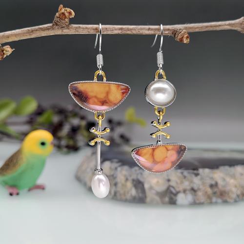 Tibetan Style Asymmetric Earrings, with Gemstone & Plastic Pearl, plated, fashion jewelry & for woman, 22x58mm, Sold By Pair