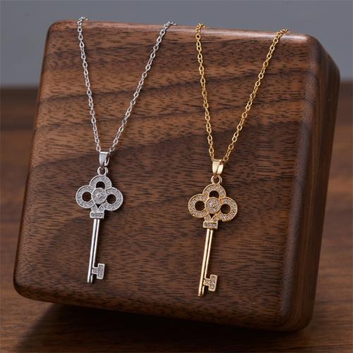 Titanium Steel Necklace, with 5cm extender chain, Key, plated, oval chain & for woman & with rhinestone, more colors for choice, 15x40mm, Sold Per Approx 40 Inch Strand