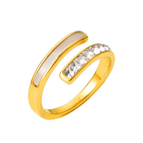 304 Stainless Steel Finger Ring, with White Shell, gold color plated, different size for choice & different styles for choice & for woman & with rhinestone, US Ring Size:5-10, Sold By PC