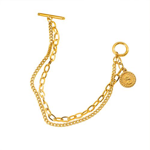 304 Stainless Steel Bracelet, gold color plated, Double Layer & for woman, Length:Approx 18 cm, Sold By PC