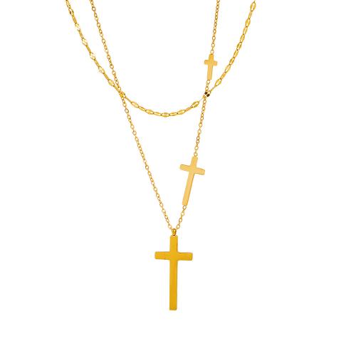 304 Stainless Steel Necklace, with 5cm extender chain, Cross, gold color plated, Double Layer & Unisex & oval chain, Length:Approx 44 cm, Sold By PC