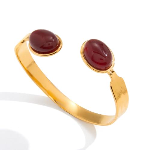 Stainless Steel Cuff Bangle, with Red Agate, gold color plated, for woman, red, 15.90mm, Inner Diameter:Approx 64.9mm, Sold By PC