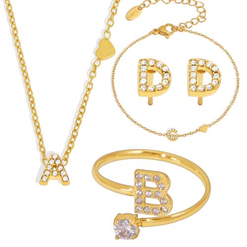 Cubic Zirconia Stainless Steel Jewelry Sets, gold color plated, letters are from A to Z & different styles for choice & micro pave cubic zirconia & for woman, more colors for choice, Sold By PC