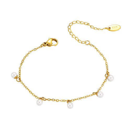 304 Stainless Steel Bracelet, with Plastic Pearl, with 5cm extender chain, gold color plated, fashion jewelry & for woman, Length:Approx 15 cm, Sold By PC