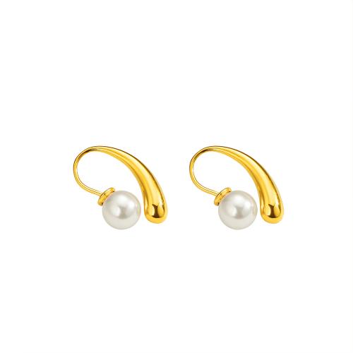 304 Stainless Steel Stud Earring, with Plastic Pearl, gold color plated, fashion jewelry & for woman, 8x22mm, Sold By Pair