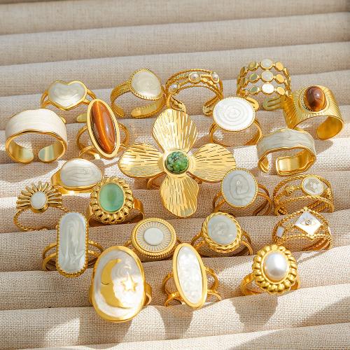 304 Stainless Steel Cuff Finger Ring, with Gemstone & Plastic Pearl, gold color plated, different styles for choice & for woman & enamel, Sold By PC