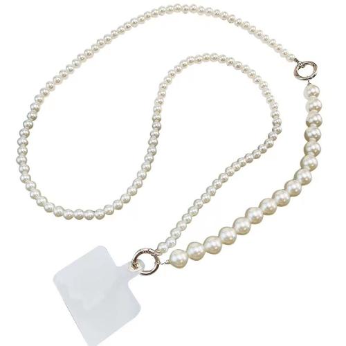 ABS Plastic Pearl Cell Phone Chain, with Tibetan Style, Round, handmade, anti-skidding & for woman, white, pearl size 8mm, 18mm, Length:Approx 140 cm, Sold By Set