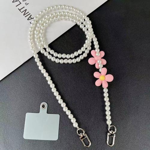 ABS Plastic Pearl Cell Phone Chain, with Plastic & Tibetan Style, Flower, handmade, detachable & for woman, more colors for choice, pearl size 8mm, Length:Approx 110 cm, Sold By PC
