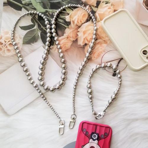 Acrylic Cell Phone Chain, with Tibetan Style, Round, silver color plated, Unisex & different size for choice, Sold By Set