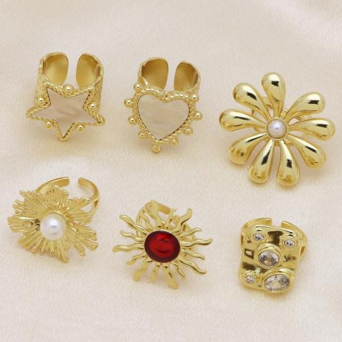 Brass Finger Ring, with Cubic Zirconia & White Shell & Plastic Pearl, gold color plated, adjustable & different styles for choice & for woman & enamel, more colors for choice, Sold By PC