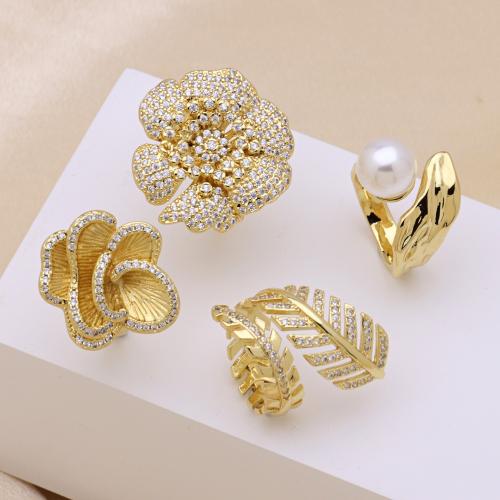 Cubic Zirconia Micro Pave Brass Ring, with Plastic Pearl, 18K gold plated, adjustable & different styles for choice & for woman, more colors for choice, Sold By PC