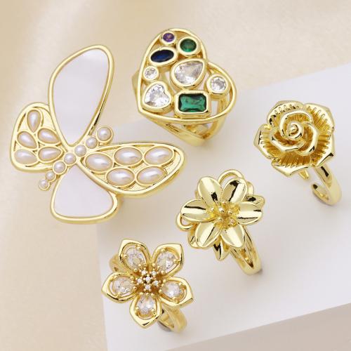 Bague en laiton, avec perle de plastique, Plaqué or 18K, styles différents pour le choix & pavé de micro zircon & pour femme, plus de couleurs à choisir, Vendu par PC