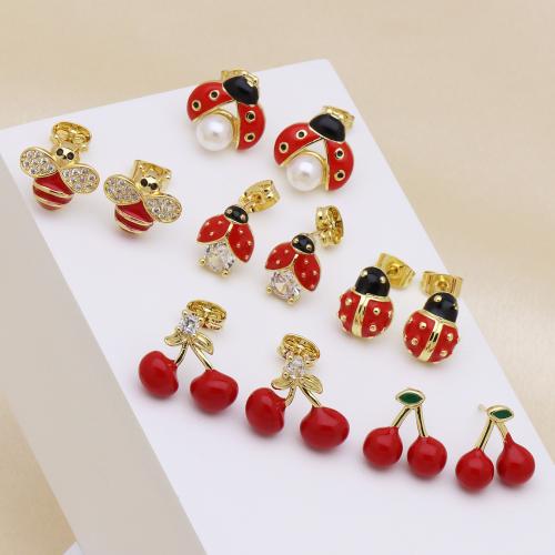 Brass Stud Earring, with Plastic Pearl, gold color plated, different styles for choice & for woman & enamel & with cubic zirconia, more colors for choice, Sold By Pair