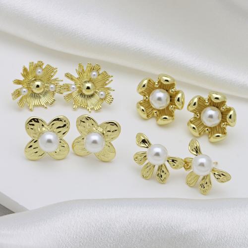 Brass Stud Earring, with Plastic Pearl, gold color plated, different styles for choice & for woman, more colors for choice, Sold By Pair