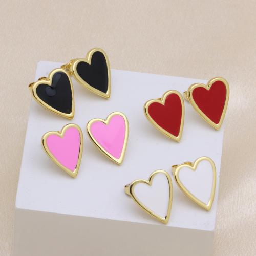 Pendientes de Perno en Latón, metal, Corazón, chapado en color dorado, para mujer & esmalte, más colores para la opción, 13x16mm, Vendido por Par