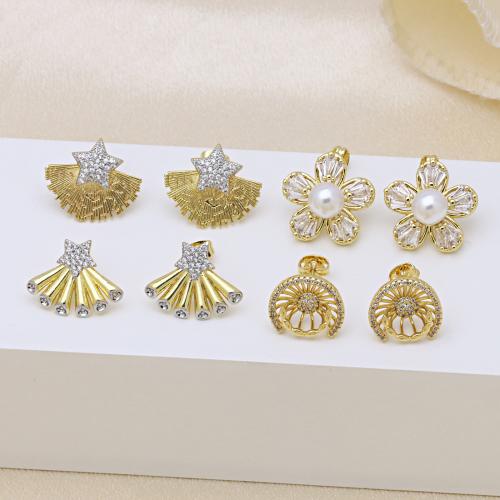 Befestiger Zirkonia Messing Ohrring, mit Kunststoff Perlen, goldfarben plattiert, verschiedene Stile für Wahl & Micro pave Zirkonia & für Frau, keine, verkauft von Paar