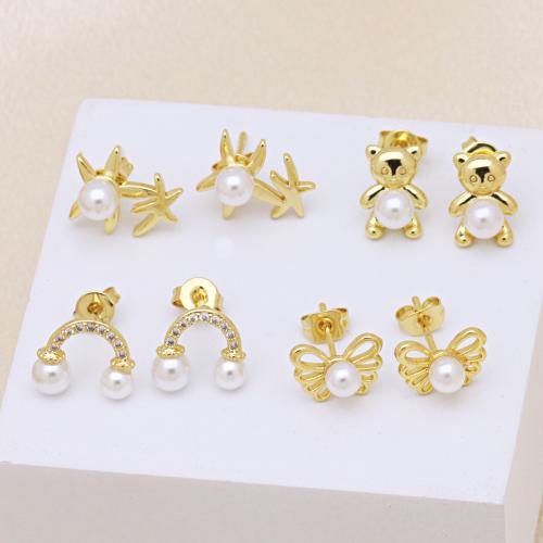 Brass Stud Earring, with Plastic Pearl, gold color plated, different styles for choice & micro pave cubic zirconia & for woman, more colors for choice, Sold By Pair