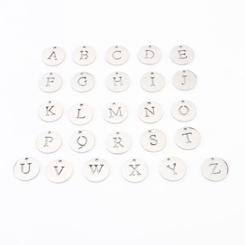 Stainless Steel Letter Pendants, 304 Stainless Steel, Flat Round, DIY & different designs for choice & with letter pattern & hollow, original color, 12x12x1mm, 20PCs/Lot, Sold By Lot