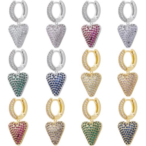 Brass Huggie Hoop Drop Earring, Heart, plated, for woman & with rhinestone, more colors for choice, 15x30mm, Sold By Pair