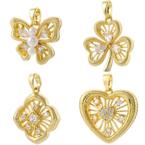 Cubic Zirconia Micro Pave Brass Pendant, with Plastic Pearl, gold color plated, DIY & different styles for choice & micro pave cubic zirconia & hollow, Sold By PC