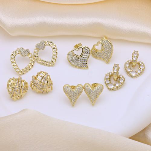 Cubic Zirconia Micro Pave Brass Earring, Heart, gold color plated, different styles for choice & micro pave cubic zirconia & for woman, more colors for choice, Sold By Pair