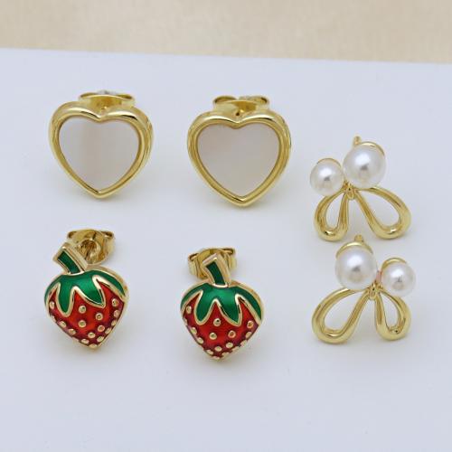 Brass Stud Earring, with White Shell & Plastic Pearl, gold color plated, different styles for choice & for woman & enamel, more colors for choice, Sold By Pair