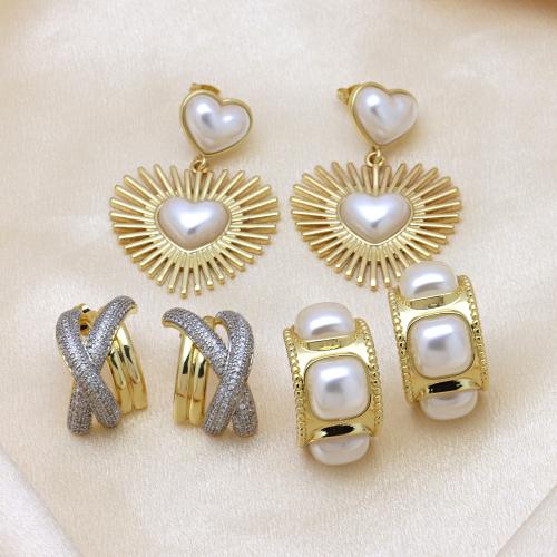 Brass Stud Earring, with Plastic Pearl, plated, different styles for choice & micro pave cubic zirconia & for woman, more colors for choice, Sold By Pair