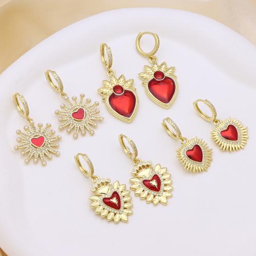 Cubic Zirconia Micro Pave Brass Earring, with Plastic Pearl, Heart, gold color plated, different styles for choice & micro pave cubic zirconia & for woman & enamel, more colors for choice, Sold By Pair