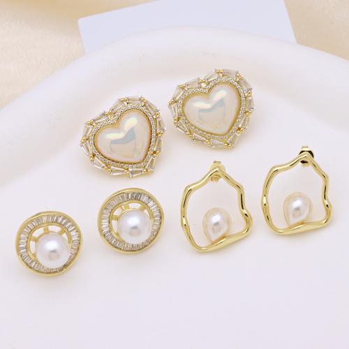 Cubic Zirconia Micro Pave Brass Earring, with Plastic Pearl, gold color plated, different styles for choice & micro pave cubic zirconia & for woman, more colors for choice, Sold By Pair