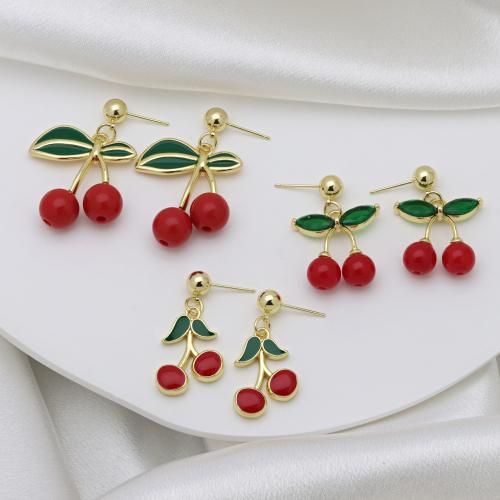Brass Drop Earring, Cherry, gold color plated, different styles for choice & for woman & enamel, more colors for choice, Sold By Pair