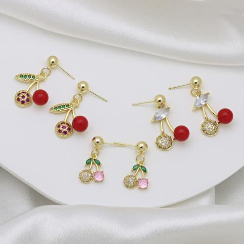 Cubic Zirconia Micro Pave Brass Earring, Cherry, gold color plated, different styles for choice & micro pave cubic zirconia & for woman & enamel, more colors for choice, Sold By Pair