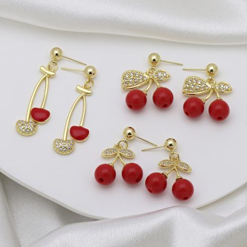 Cubic Zirconia Micro Pave Brass Earring, Cherry, gold color plated, different styles for choice & micro pave cubic zirconia & for woman & enamel, more colors for choice, Sold By Pair