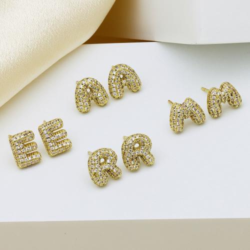 Cubic Zirconia Micro Pave Brass Earring, Alphabet Letter, gold color plated, letters are from A to Z & micro pave cubic zirconia & for woman, more colors for choice, 10x10mm, Sold By Pair