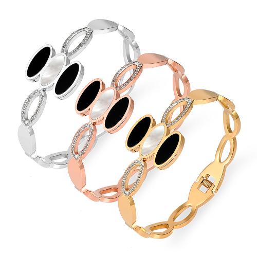 304 Edelstahl Armreif, mit Schwarze Muschel & Weiße Muschel, Geometrisches Muster, plattiert, unisex & mit Strass & hohl, keine, Innendurchmesser:ca. 50x60mm, verkauft von PC
