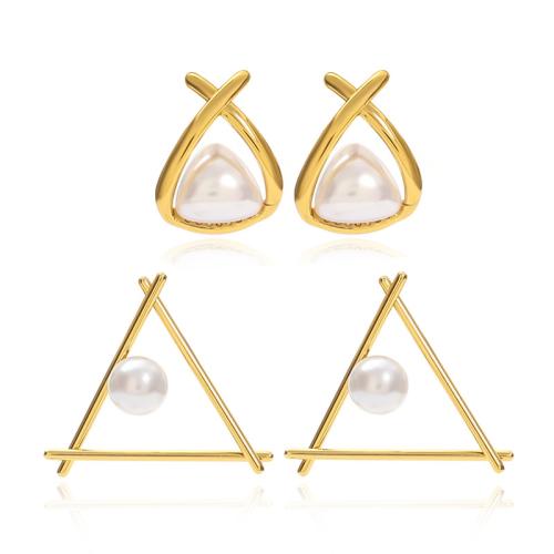 304 Stainless Steel Stud Earring, with Plastic Pearl, Triangle, gold color plated, different styles for choice & for woman & hollow, Sold By Pair