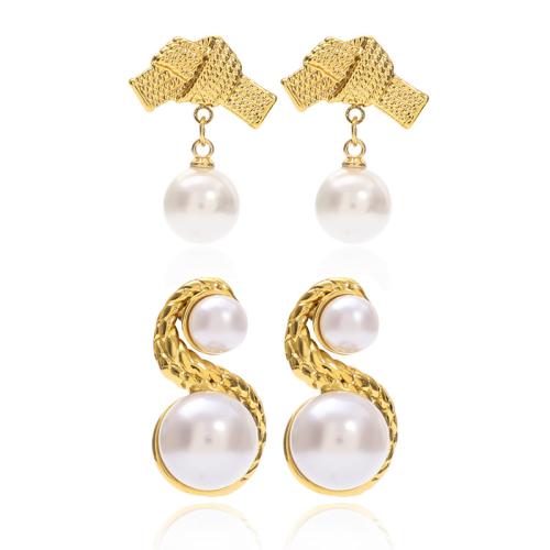 304 Stainless Steel Drop Earring, with Plastic Pearl, gold color plated, different styles for choice & for woman, Sold By Pair