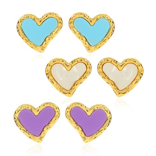 304 Stainless Steel Stud Earring, with Resin, Heart, gold color plated, fashion jewelry & for woman, more colors for choice, 23x20mm, Sold By Pair