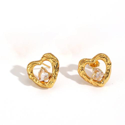 304 Stainless Steel Stud Earring, Heart, gold color plated, micro pave cubic zirconia & for woman & hollow, 18.50x17.60mm, Sold By Pair