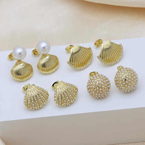 Brass Stud Earring, with Plastic Pearl, gold color plated, different styles for choice & micro pave cubic zirconia & for woman, more colors for choice, Sold By Pair