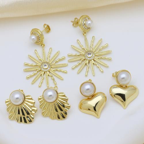 Brass Drop Earring, with Plastic Pearl, gold color plated, different styles for choice & micro pave cubic zirconia & for woman, more colors for choice, Sold By Pair
