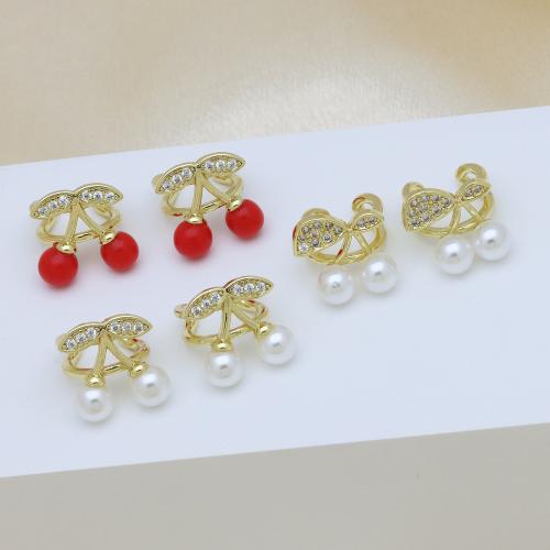 Cubic Zirconia Micro Pave Brass Earring, with Plastic Pearl, Cherry, gold color plated, different styles for choice & micro pave cubic zirconia & for woman & enamel, more colors for choice, Sold By Pair