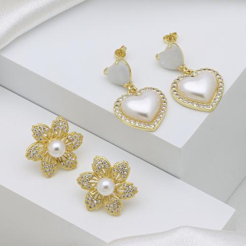 Cubic Zirconia Micro Pave Brass Earring, with Plastic Pearl, gold color plated, different styles for choice & micro pave cubic zirconia & for woman, more colors for choice, Sold By Pair