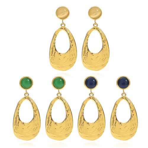 304 Stainless Steel Drop Earring, with Cats Eye, Geometrical Pattern, gold color plated, for woman & hollow, more colors for choice, 20x46mm, Sold By Pair
