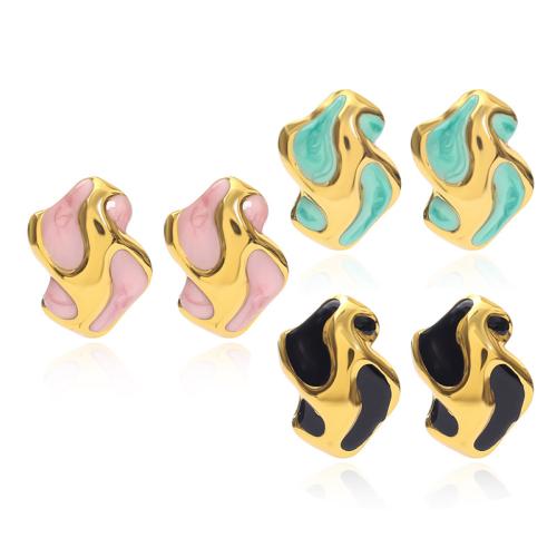 304 Stainless Steel Stud Earring, gold color plated, for woman & enamel, more colors for choice, 21x28mm, Sold By Pair