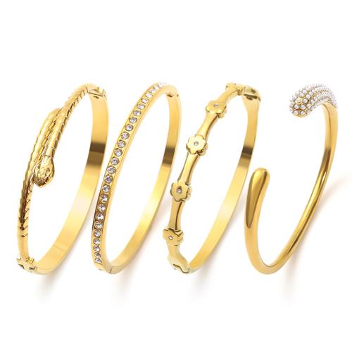 304 Stainless Steel Bangle, gold color plated, different styles for choice & for woman & with rhinestone, Sold By PC