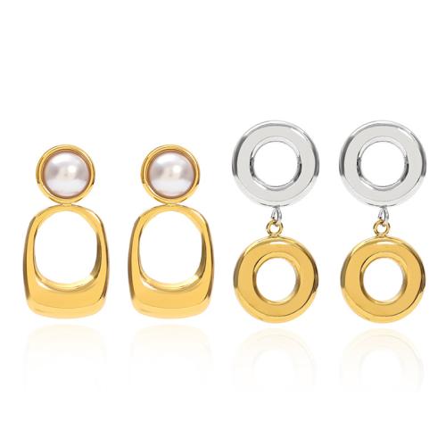 304 Stainless Steel Drop Earring, with Plastic Pearl, Geometrical Pattern, Vacuum Ion Plating, different styles for choice & for woman & hollow, Sold By Pair